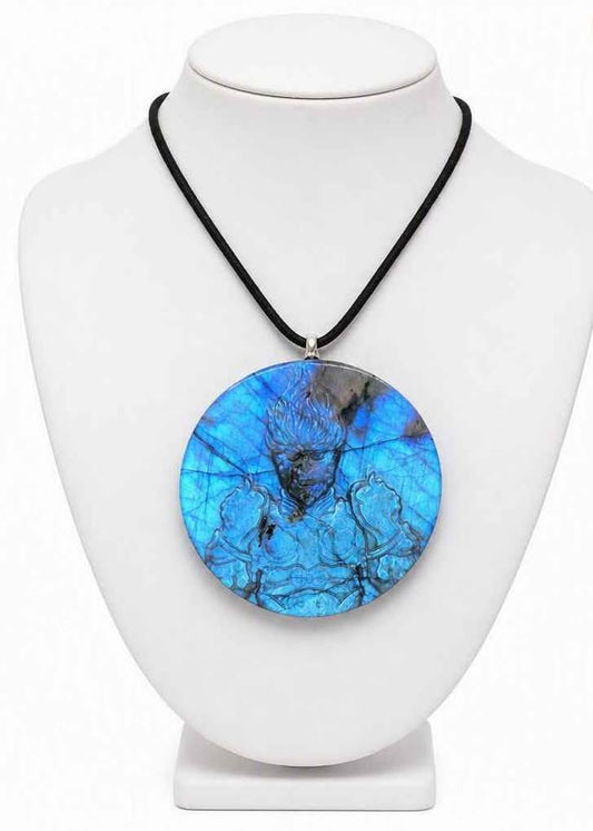 A labradorite carved round pendant necklace featuring a carved of powerful monkey king in jewelry stand -My Aura Gemstones
