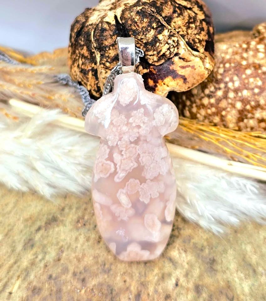 Natural flower agate cheongsam qipao pendant necklace at top view-My Aura Gemstones