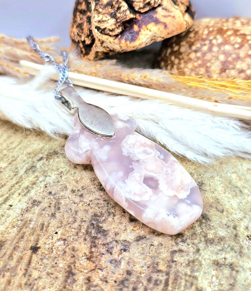 Natural flower agate cheongsam qipao pendant necklace at back view-My Aura Gemstones