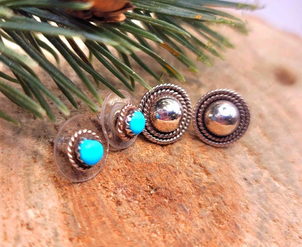 Beautiful 2 Pairs Of Nature Turquoise & Sterling Silver Patterned Earstuds
