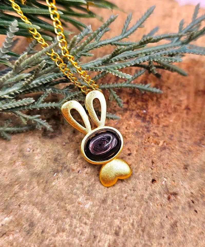 Silver Obsidian Flashy Stone Gold Matte Cute Bunny Pendant Necklace