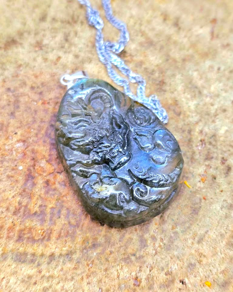 A flying dragon carved dark stone pendant necklace with a silver-toned chain, photographed close-up on a textured brown surface.