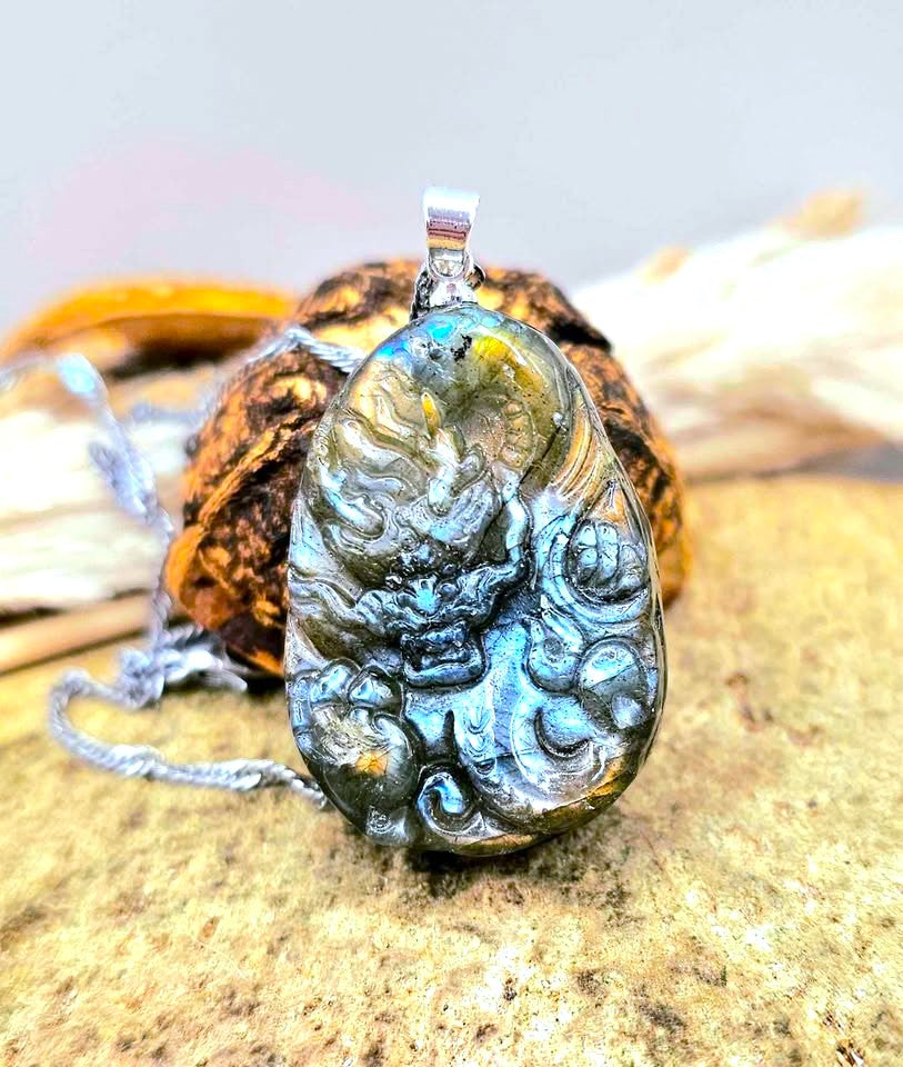 A teardrop-shaped labradorite pendant necklace featuring a detailed carved dragon design, resting on a textured brown shell and beige stone surface at front view-My Aura Gemstones