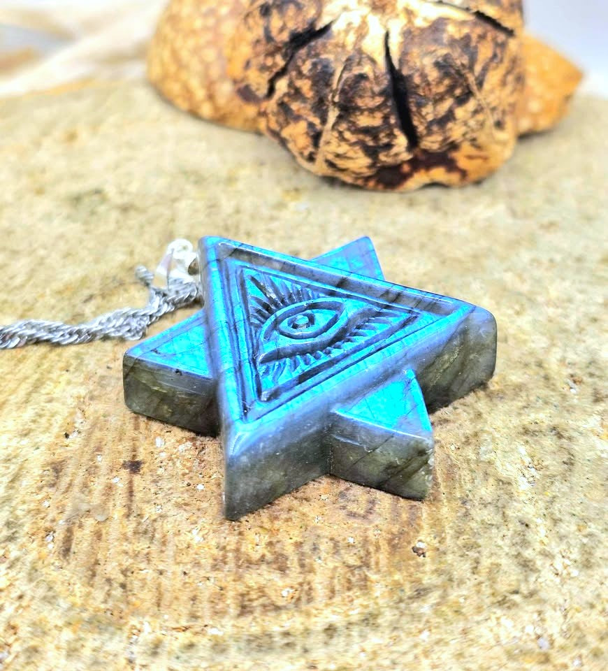 Natural Labradorite Masonic All‑Seeing Eye Pyramid Pendant Necklace, resting on a textured stone surface. -My Aura Gemstones