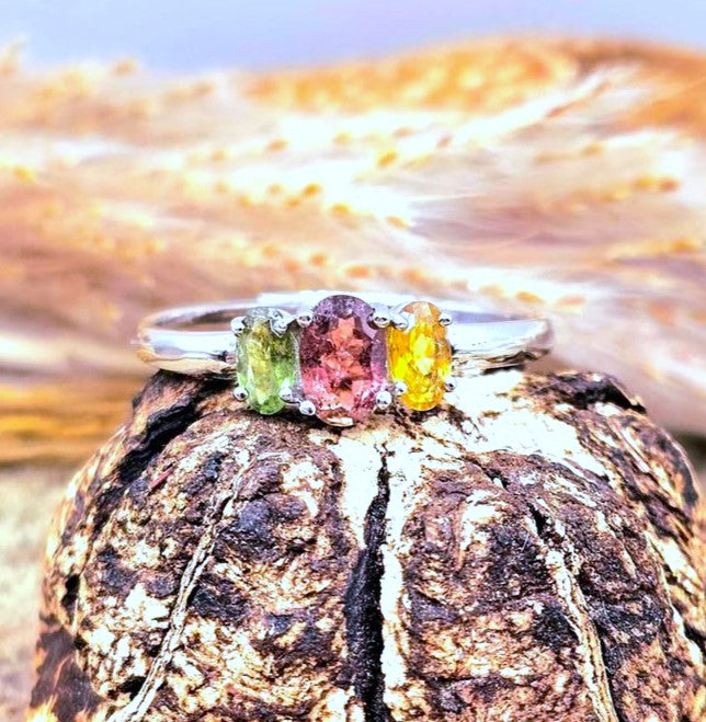 A silver three-stone ring featuring marquise-cut green, pink, and yellow gemstones, displayed on a textured brown seed pod with a blurred natural background.