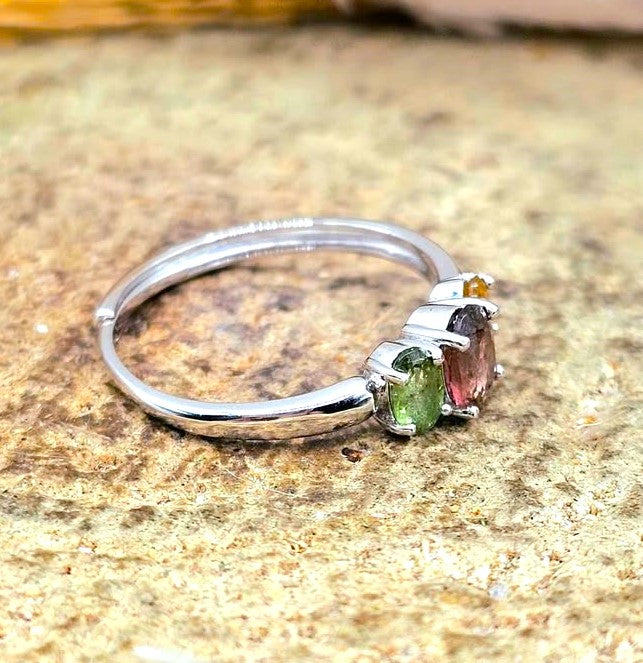 Tri-color faceted tourmaline adjustable ring in red, green, and yellow with S925 sterling silver band — My Aura Gemstones