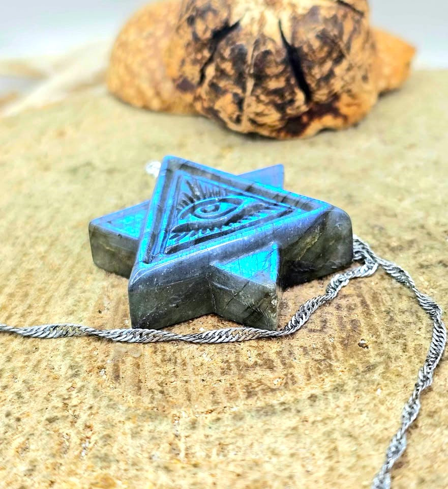 Natural Labradorite Masonic All‑Seeing Eye Pyramid Pendant Necklace, resting on a textured stone surface in bottom view -My Aura Gemstones
