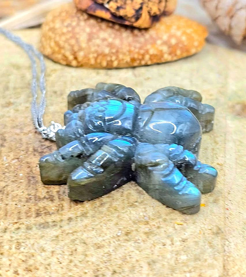 A carved spider-shaped pendant made of dark labradorite with a blue iridescent sheen, hanging from a silver cord, displayed on a sandy surface with seashells in the background.