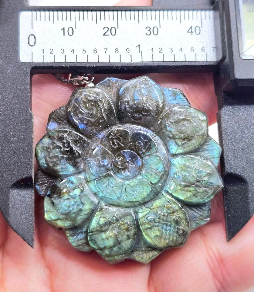Natural labradorite lotus pendant necklace with eight auspicious symbol carving — My Aura Gemstones