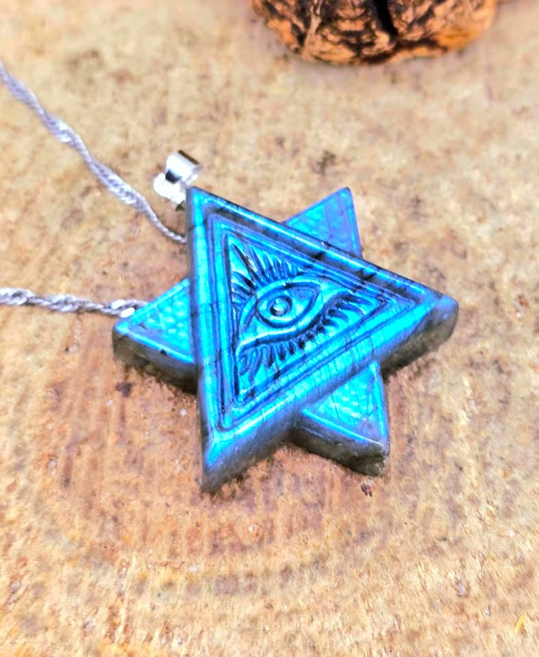 Natural Labradorite Masonic All‑Seeing Eye Pyramid Pendant Necklace, resting on a textured stone surface at front view. -My Aura Gemstones