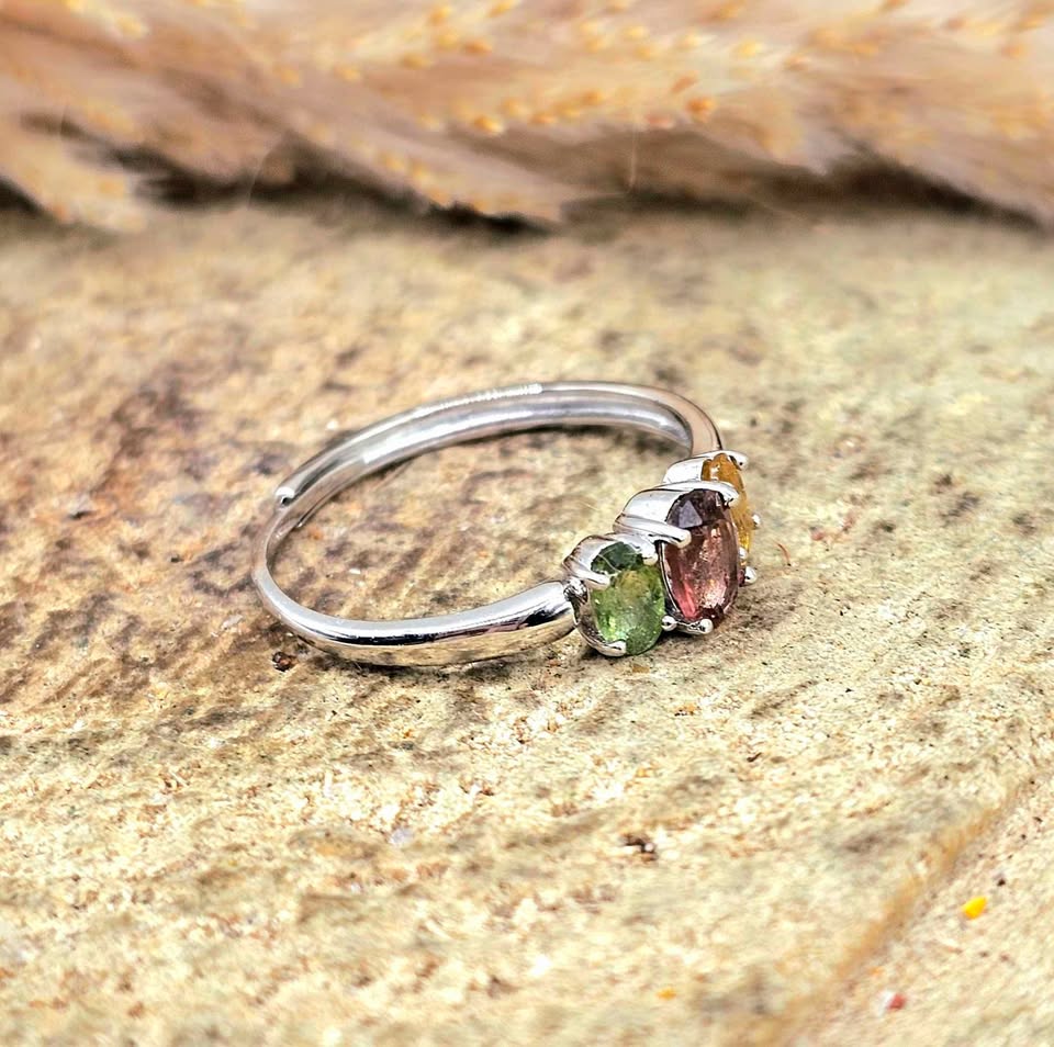 Tri-color faceted tourmaline adjustable ring in red, green, and yellow with S925 sterling silver band — My Aura Gemstones