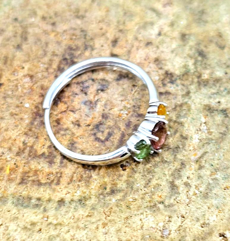 Tri-color faceted tourmaline adjustable ring in red, green, and yellow with S925 sterling silver band — My Aura Gemstones