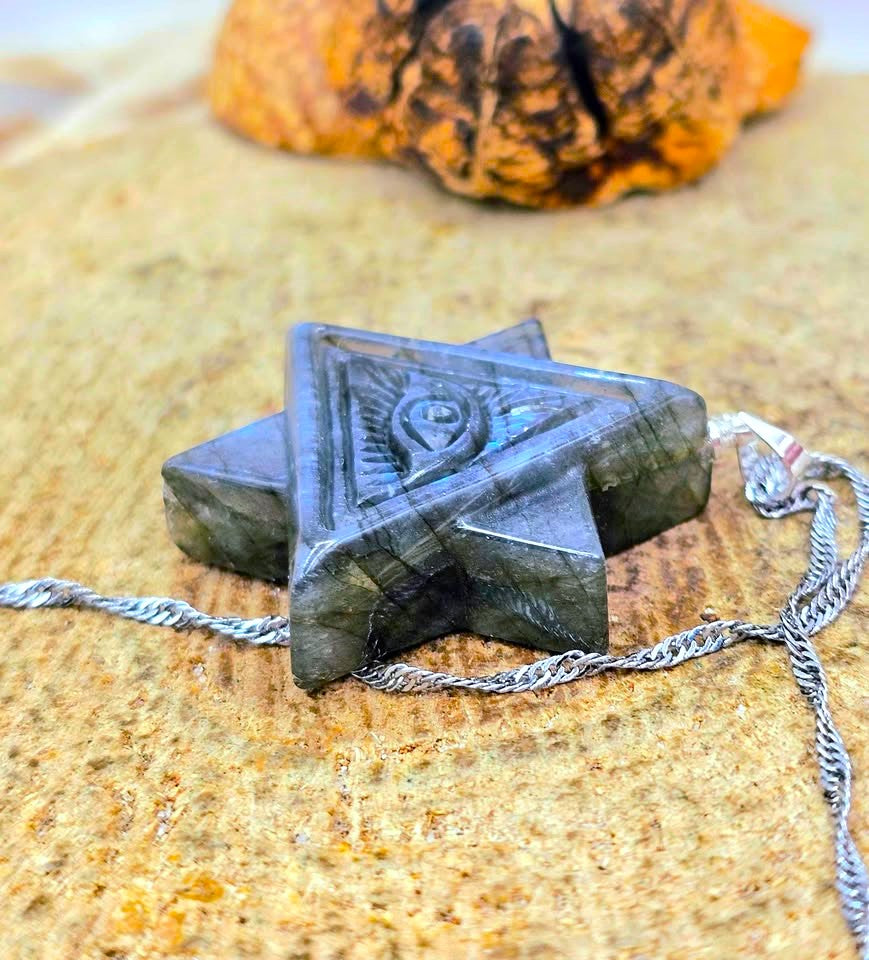 Natural Labradorite Masonic All‑Seeing Eye Pyramid Pendant Necklace, resting on a textured stone surface in another side view . -My Aura Gemstones