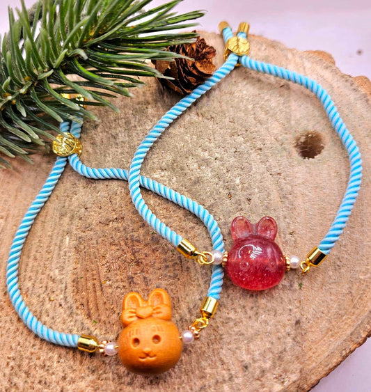 Nature Crystal Wood Rabbit Head Adjustable Blue Knitted Bracelet