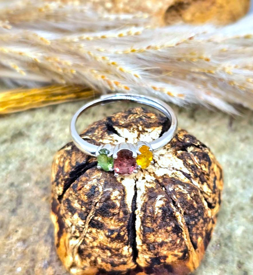 A silver ring with three small colorful gemstones in green, pink, and yellow, displayed on a textured brown seed pod with dried wheat in the background.