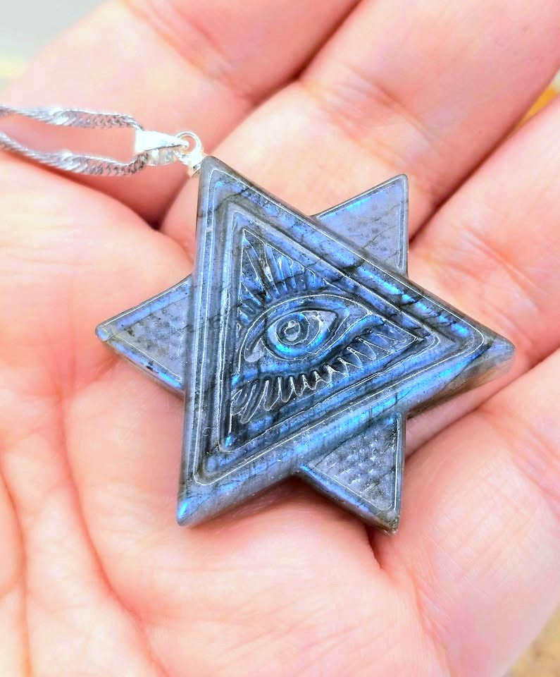 Natural Labradorite Masonic All‑Seeing Eye Pyramid Pendant Necklace, resting on hand. -My Aura Gemstones