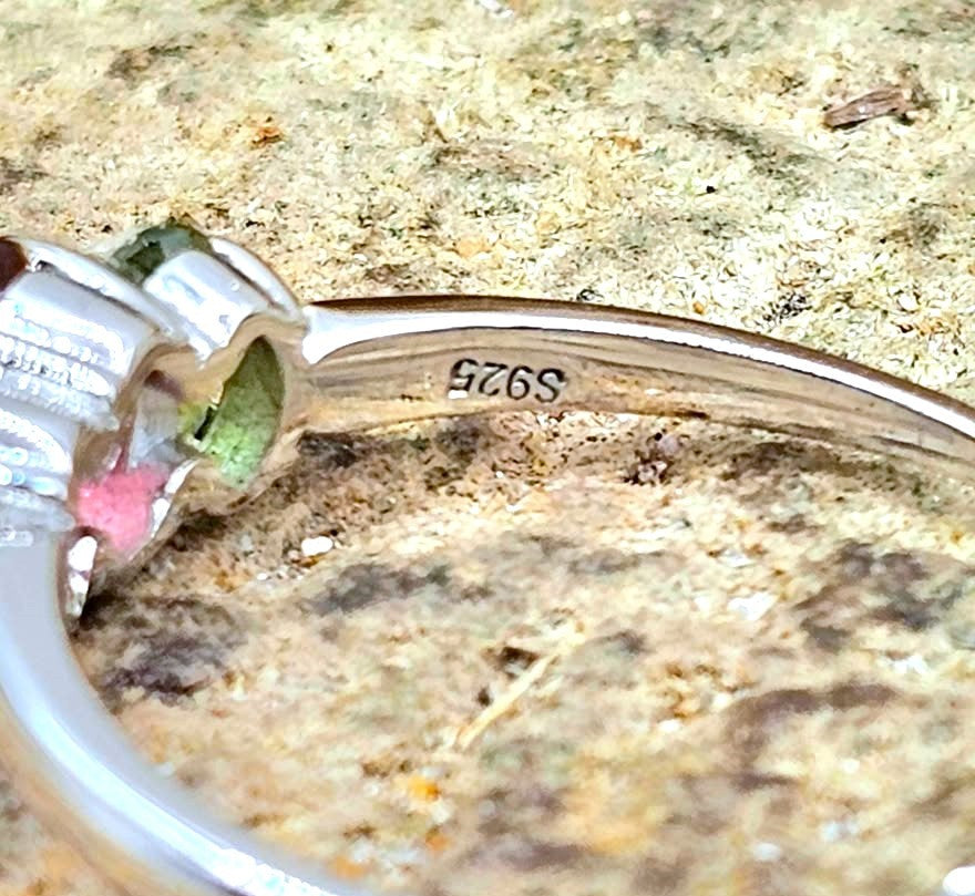 Tri-color faceted tourmaline adjustable ring in red, green, and yellow with S925 sterling silver band — My Aura Gemstones