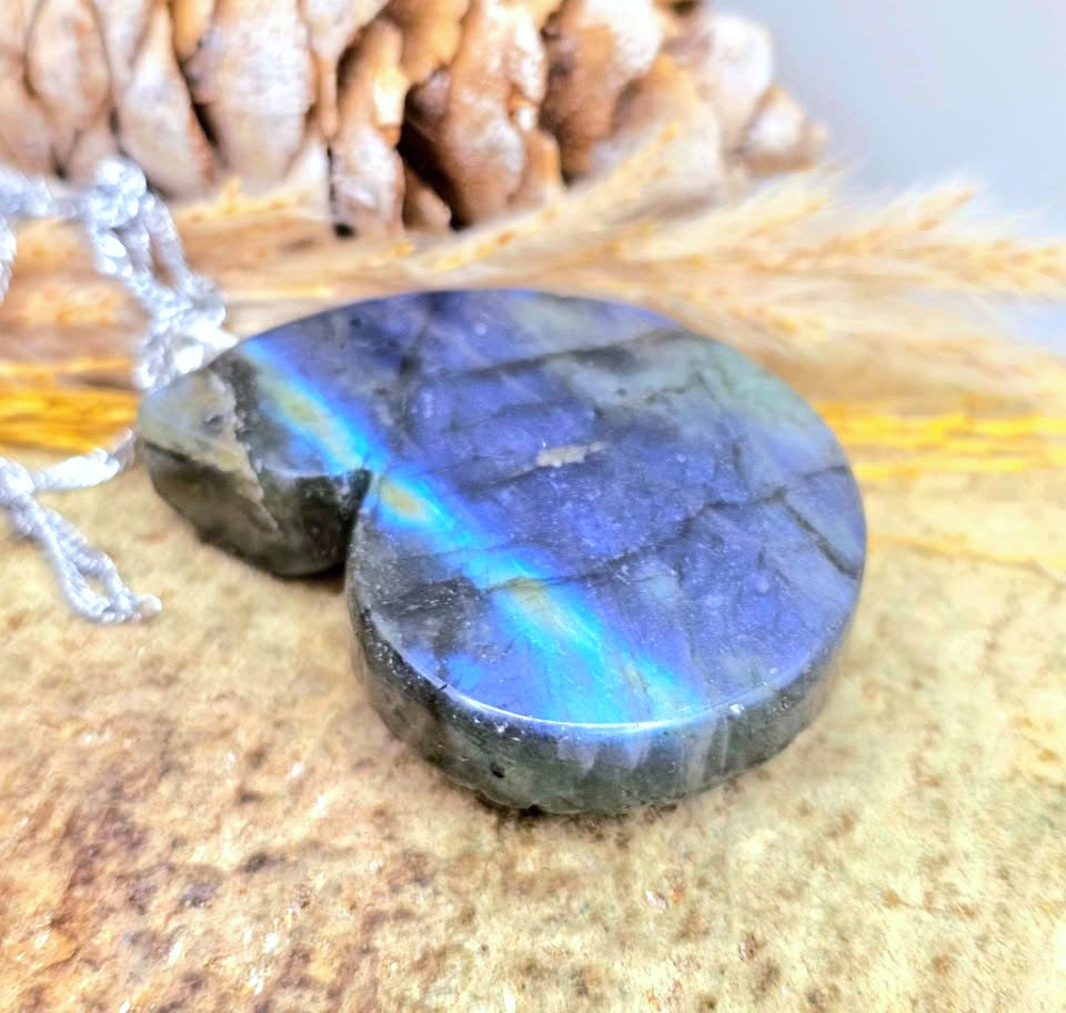 A polished labradorite heart-shaped pendant with a vibrant blue and green iridescent flash, shown on a silver chain against a rustic background of dried grass and pinecones.