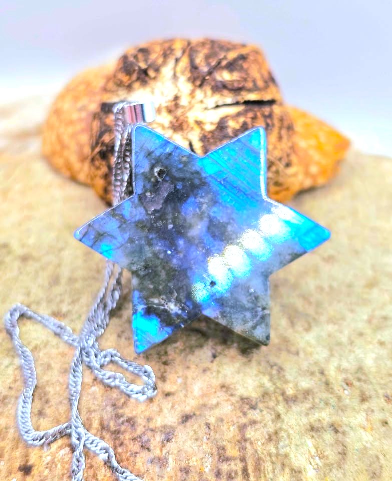 Natural Labradorite Masonic All‑Seeing Eye Pyramid Pendant Necklace, resting on a textured stone surface in back view -My Aura Gemstones
