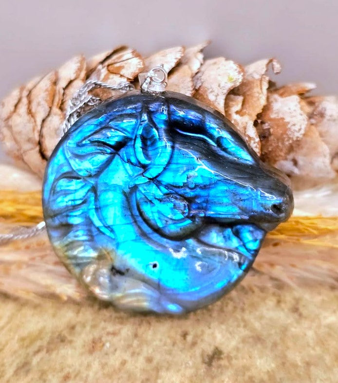 A round labradorite pendant necklace featuring a carved horse head design, showcasing vibrant blue and green iridescent flashes. The pendant is suspended from a silver chain and styled on a natural pinecone and dried grass background.
