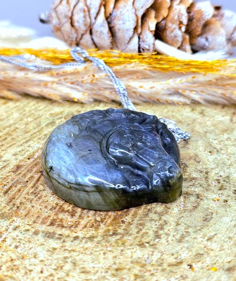 A polished dark gray stone pendant necklace with a carved animal head design, resting on a textured tan surface with a feather and pinecone in the background.
