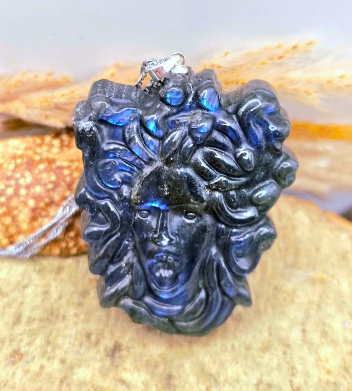 A carved black labradorite pendant featuring Medusa's face and flowing hair, with a silver bail, resting on a textured sandy surface with dried grass.