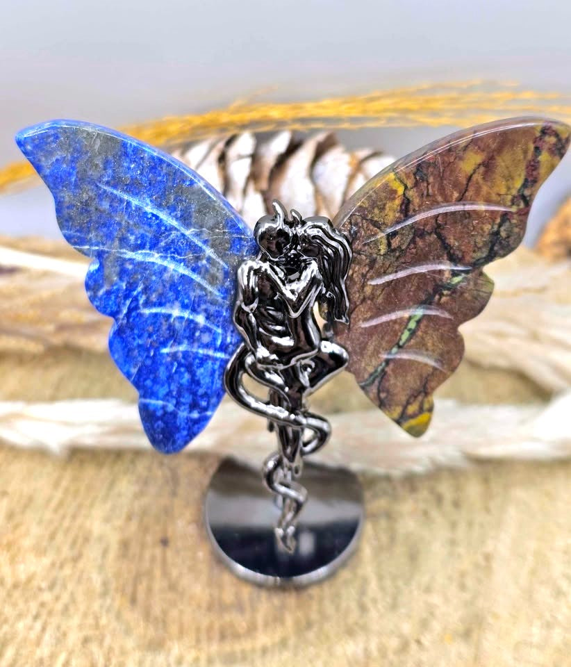 Two-stone carved butterfly wing decor in lapis lazuli and ocean jasper on a metal stand — My Aura Gemstones