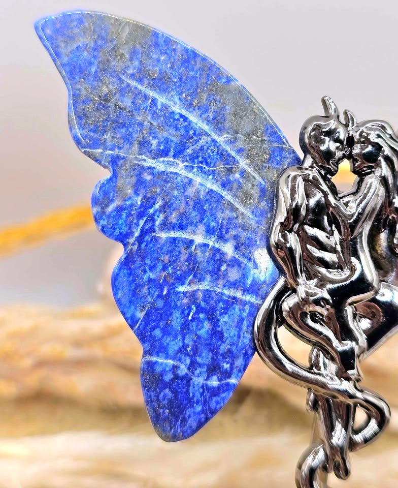 Two-stone carved butterfly wing decor in lapis lazuli and ocean jasper on a metal stand — My Aura Gemstones