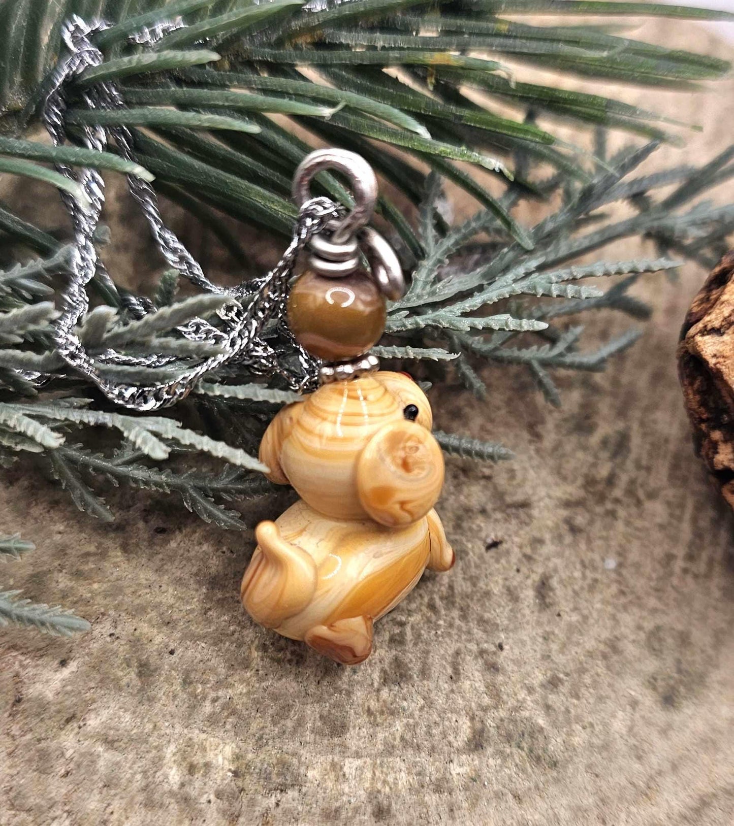 Cute Venetian Glass Hand Blown Dog & Agate Pendant Necklace