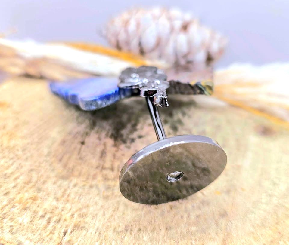 Two-stone carved butterfly wing decor in lapis lazuli and ocean jasper on a metal stand — My Aura Gemstones