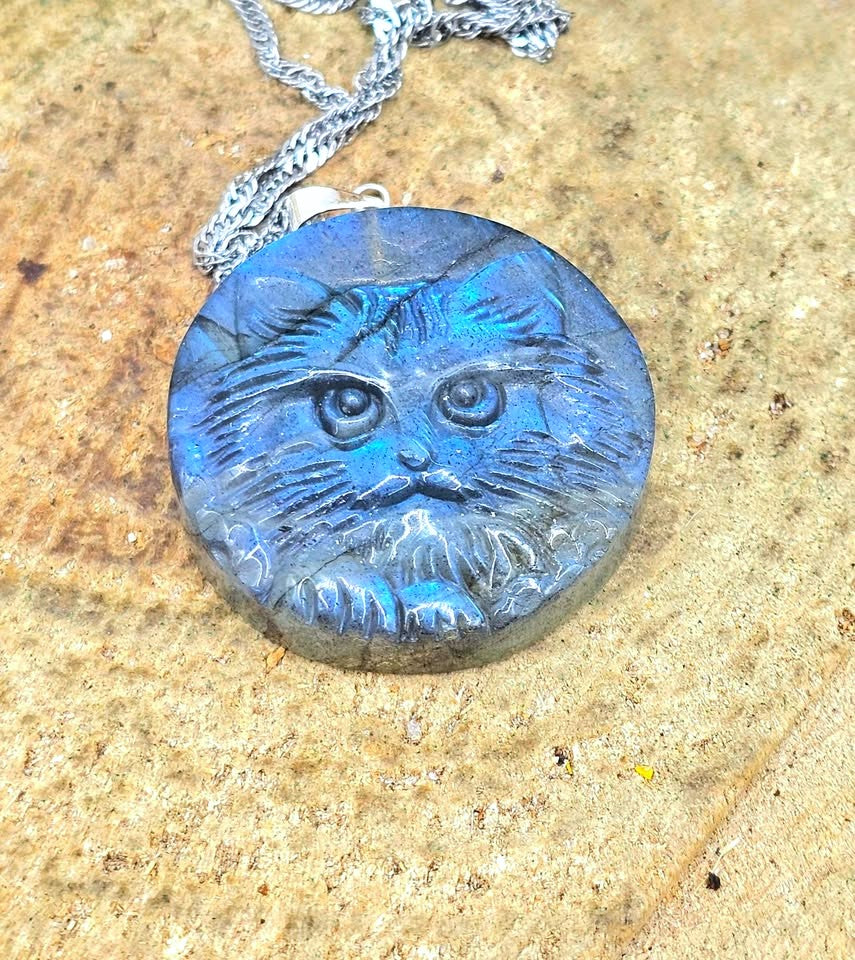 Stone carved cat face pendant in labradorite or moonstone with round crystal design — My Aura Gemstones