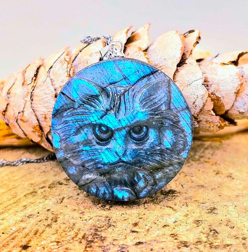 Stone carved cat face pendant in labradorite or moonstone with round crystal design — My Aura Gemstones
