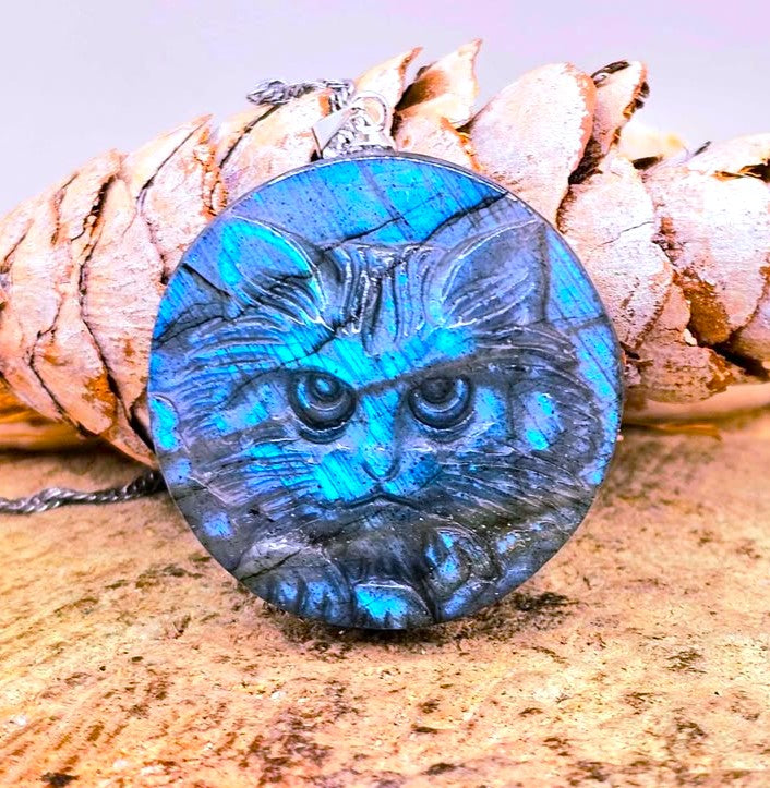 Stone carved cat face pendant in labradorite or moonstone with round crystal design — My Aura Gemstones