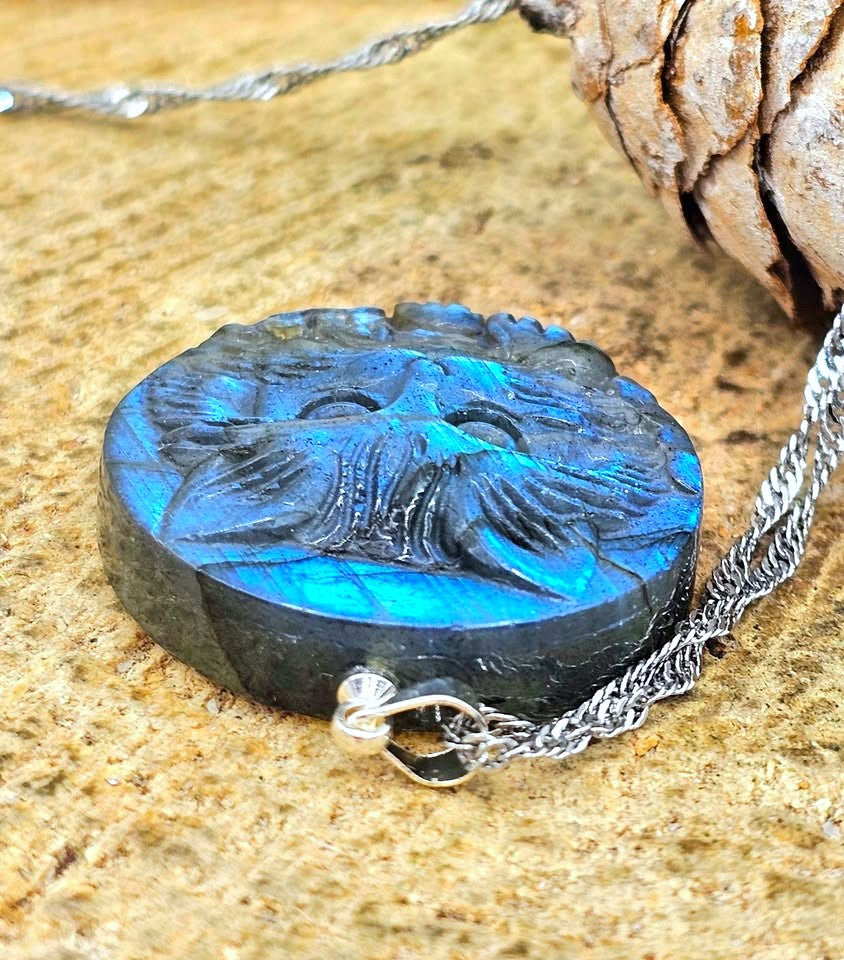 Stone carved cat face pendant in labradorite or moonstone with round crystal design — My Aura Gemstones