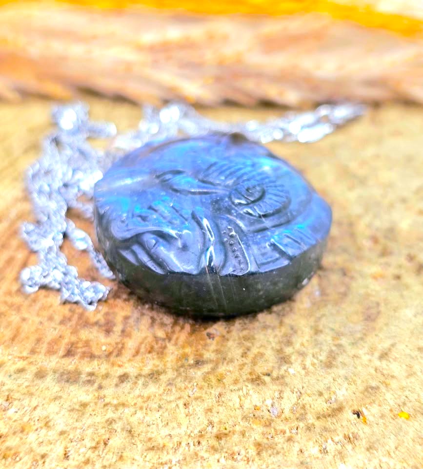 A close-up of a carved oval pendant or medallion with a silver-toned chain, resting on a textured tan surface. The pendant appears dark gray to black with a blue cast from lighting, and the chain is partially visible behind it.