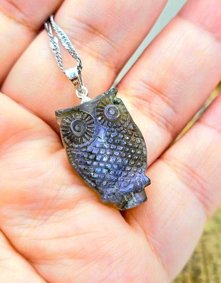 A carved owl pendant necklace made of dark labradorite, held in a person's hand. The pendant features detailed engravings of an owl's face and textured feathers, suspended from a silver chain.