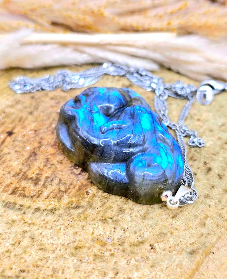 A carved labradorite pendant necklace with a silver chain, resting on a textured stone surface with dried grass in the background.