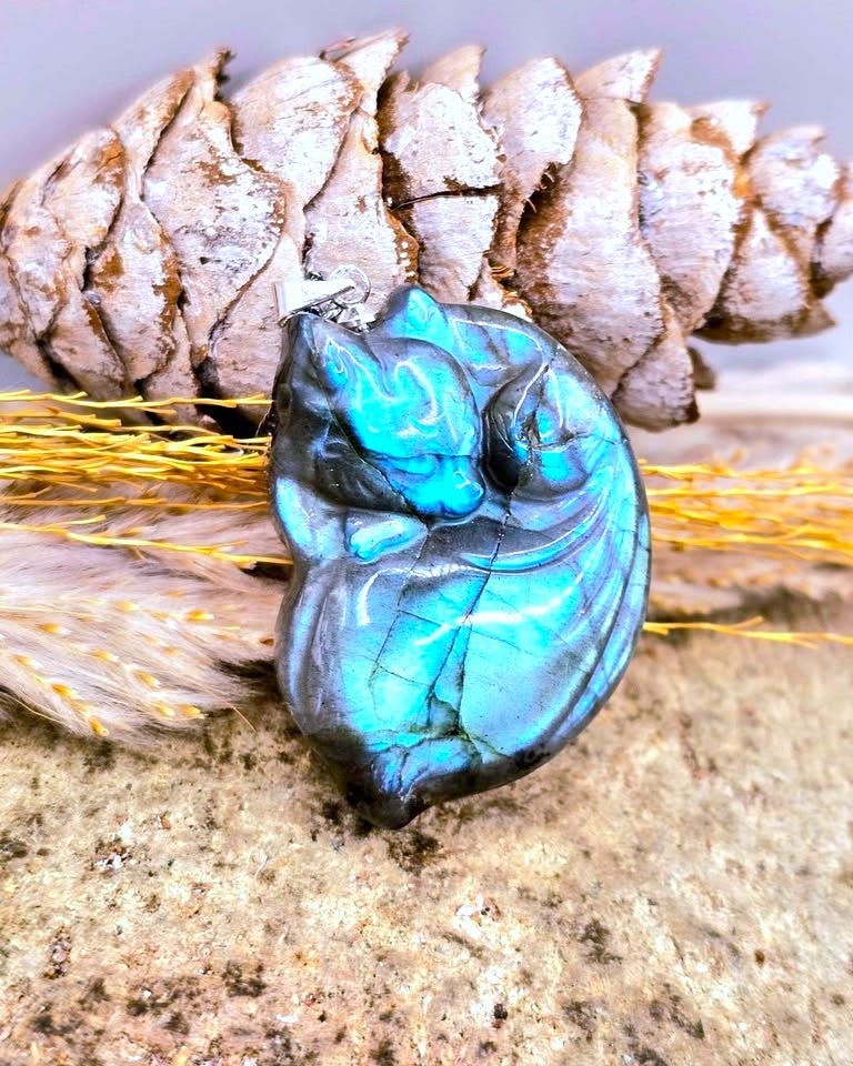 Labradorite carved sleeping fox pendant necklace — My Aura Gemstones