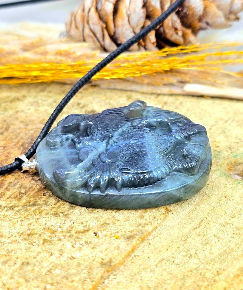 A carved dark gray stone pendant with a raised  feng shui foo dog-like relief design, hanging from a black cord on a sandy surface with a pinecone and dried grass in the background.