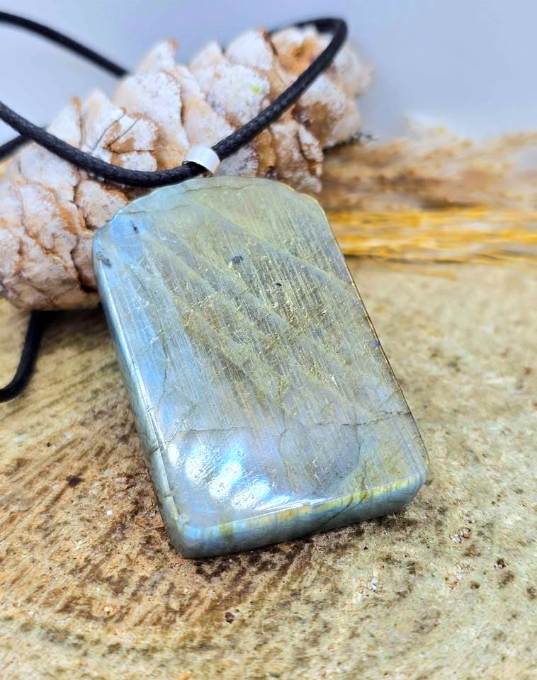 A polished rectangular labradorite stone pendant necklace with a black cord, resting on a textured wood surface with a dried flower stem in the background.