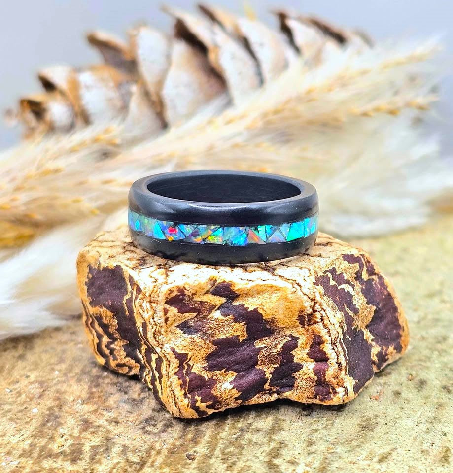 Black minimalist ring with natural flashy opal inlay — My Aura Gemstones
