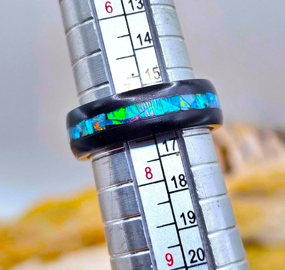 Black minimalist ring with natural flashy opal inlay — My Aura Gemstones