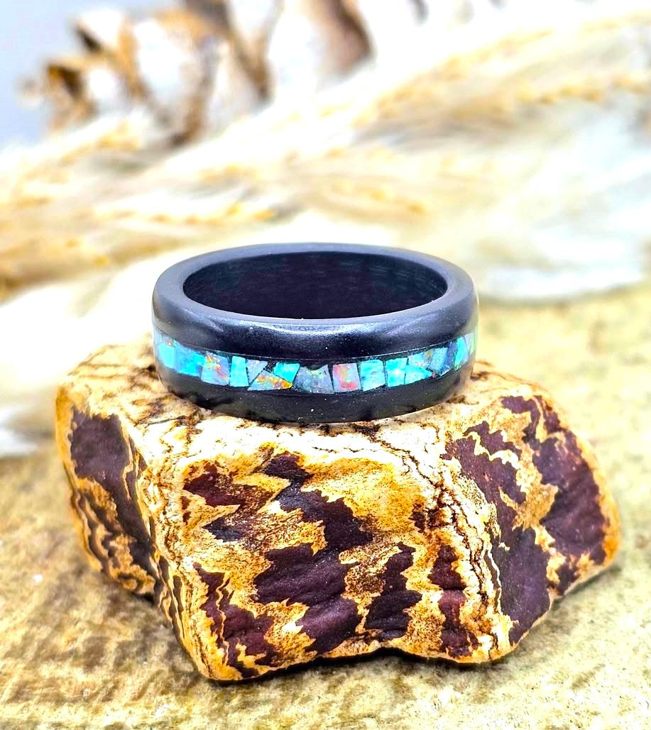 Black minimalist ring with natural flashy opal inlay — My Aura Gemstones