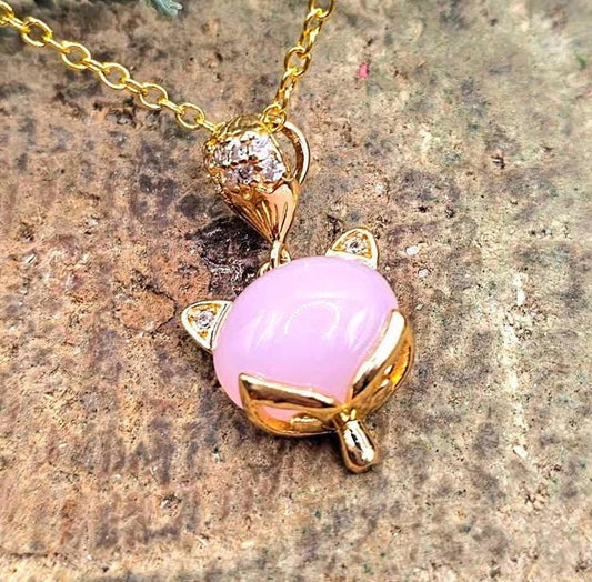 Nature Rose Quartz Gold Tone Fox Pendant Necklace