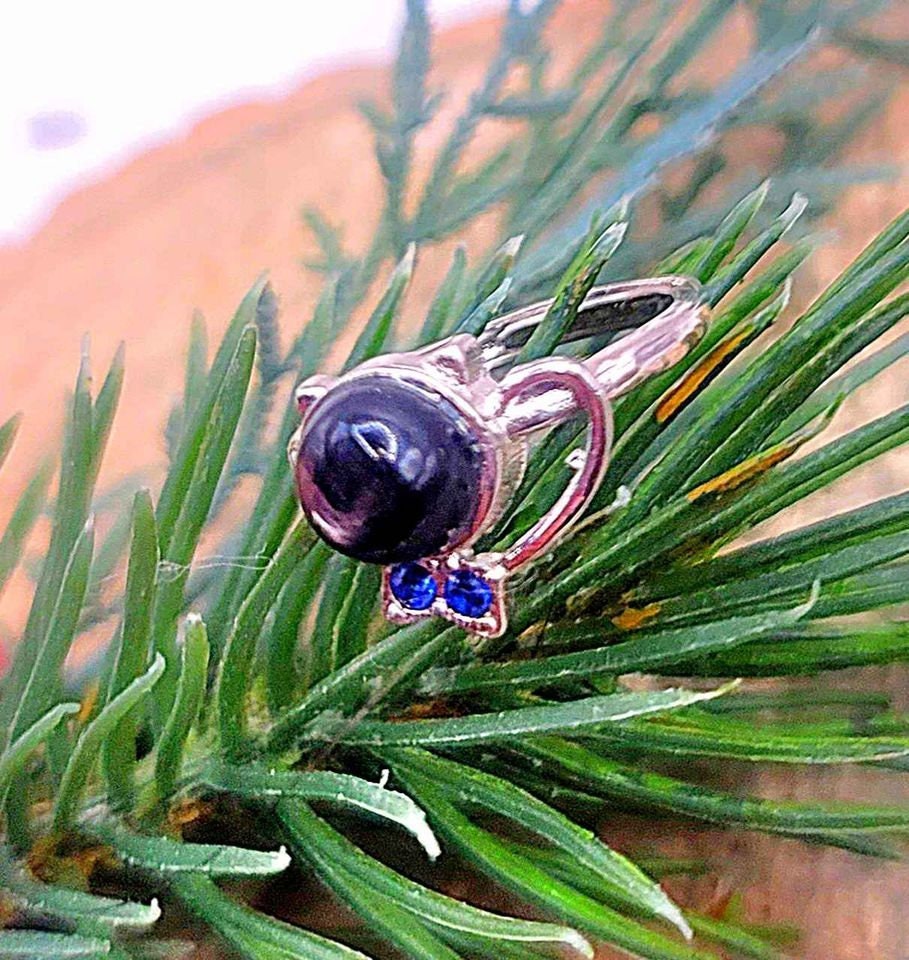 Nature Silver Hypersthene Cute Walking Cat Design Adjustable Ring