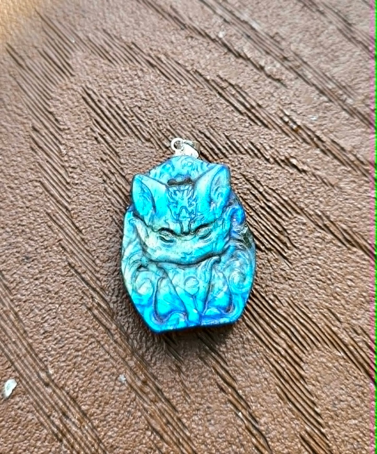 Labradorite carved sitting nine tails fox pendant necklace worn — My Aura Gemstones