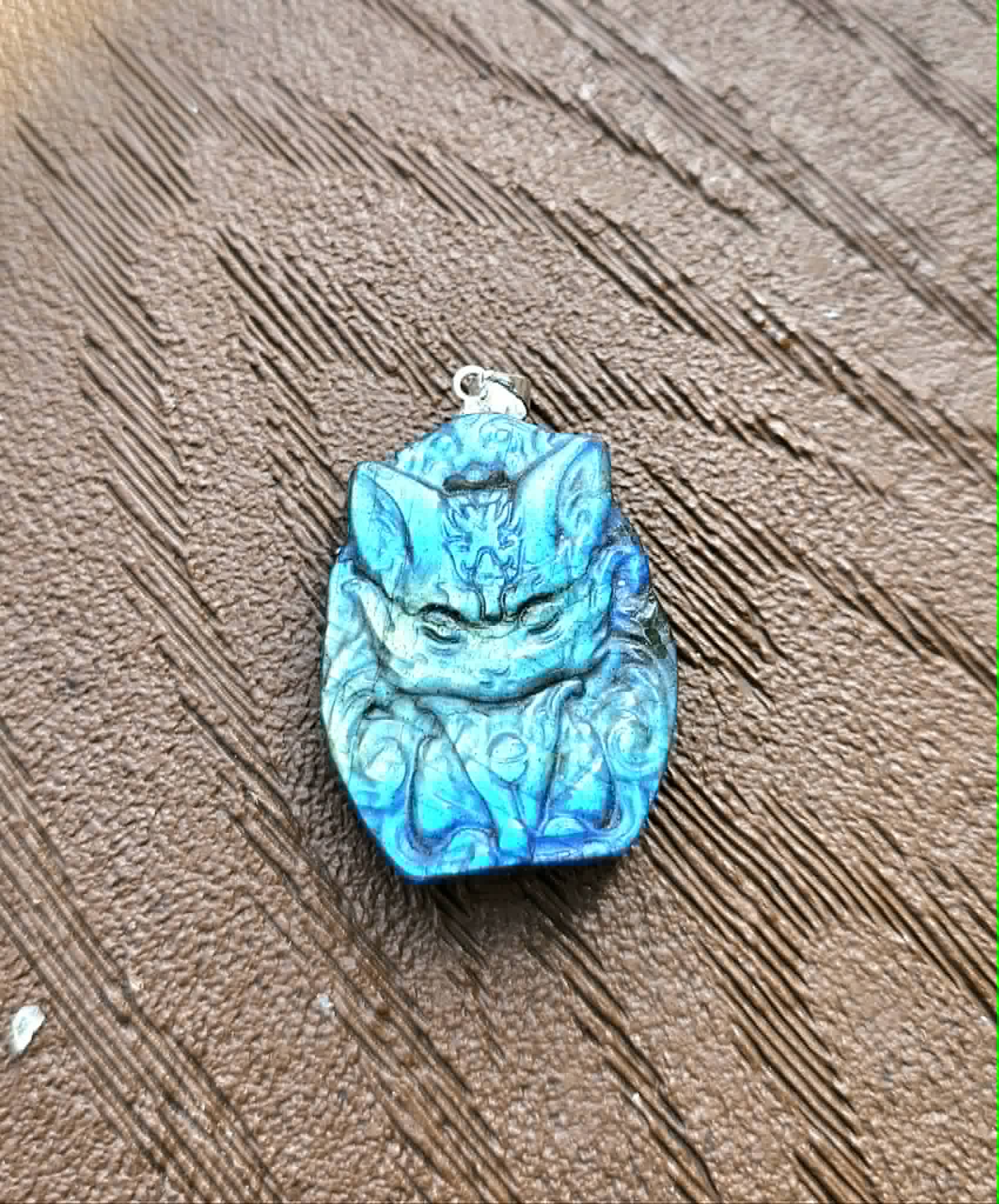 Labradorite carved sitting nine tails fox pendant necklace worn — My Aura Gemstones