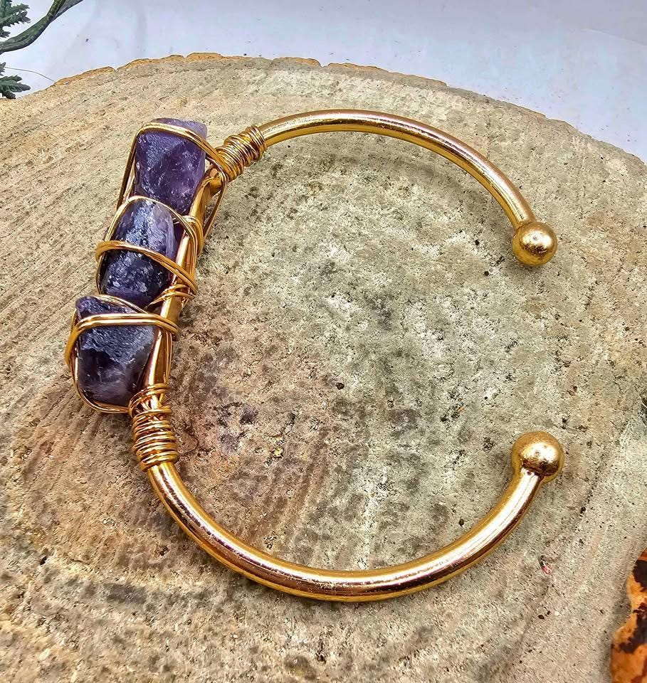Nature Amethyst Polished Stone Wire Wrapped Open Bangle