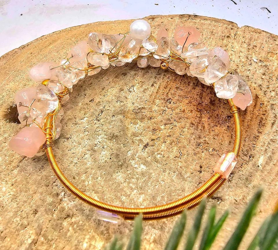 Beautiful Nature Rose Quartz White Crystals Chips Wire Wrapped Open Bangle