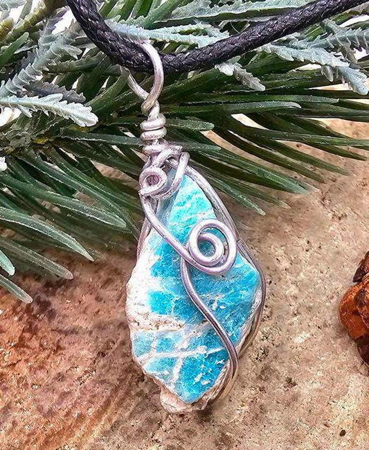 Nature Amazonite Raw Stone Wire Wrapped Pendant Necklace